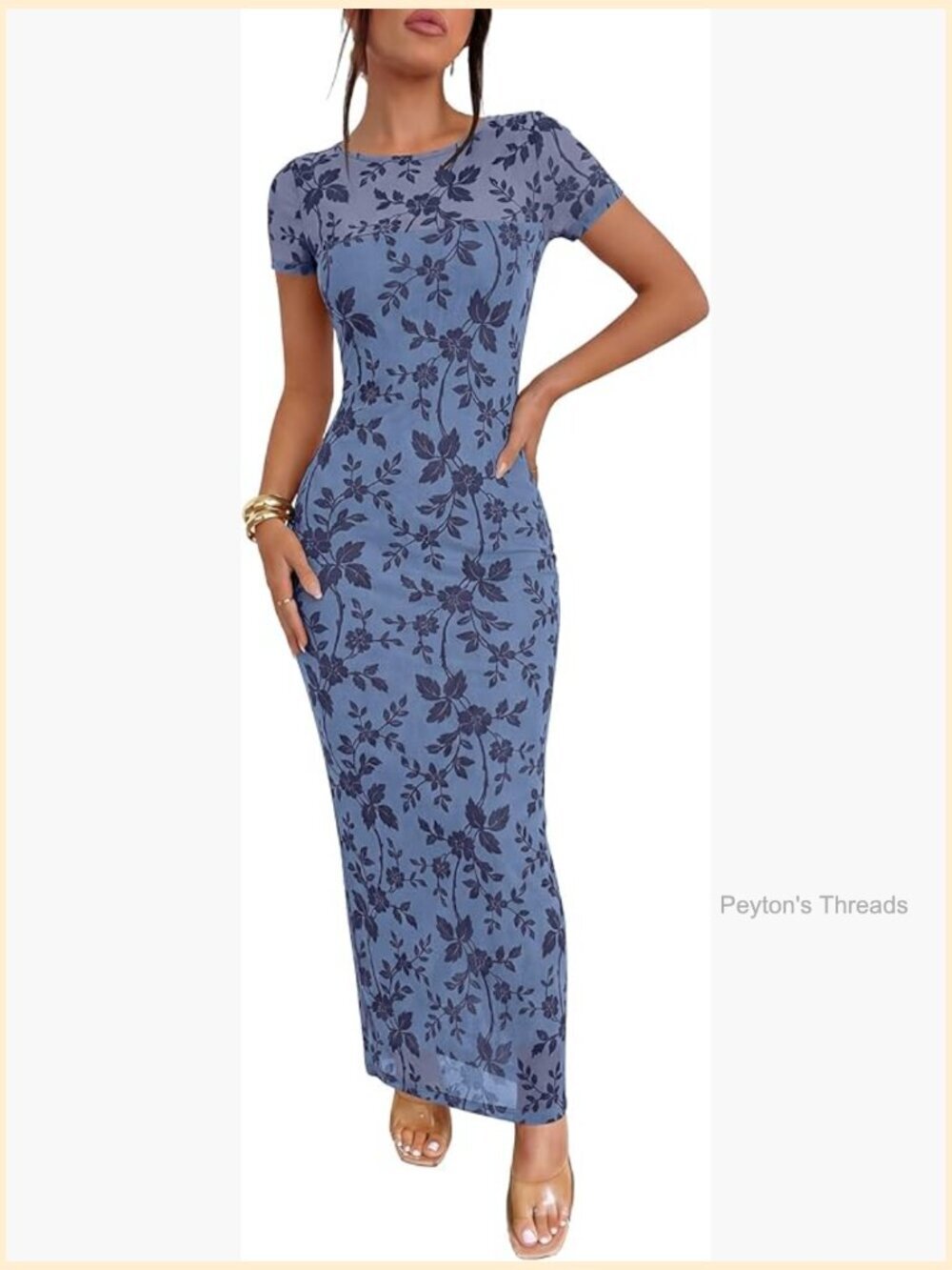 Women's Wedding Guest Maxi Dress, Double Lined Soft Floral Mesh, Short Sleeve